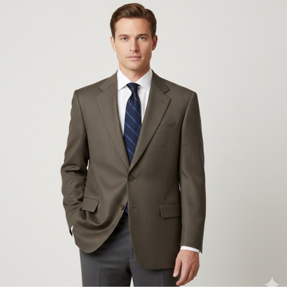 Oscar Dela Renta Two button closure men's sport coat brown blue check 43...